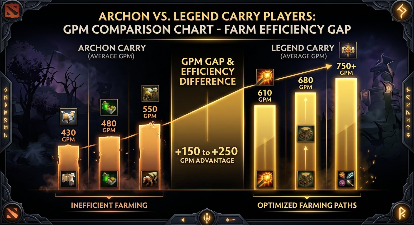 GPM comparison chart between Archon and Legend carry players showing farm efficiency gap
