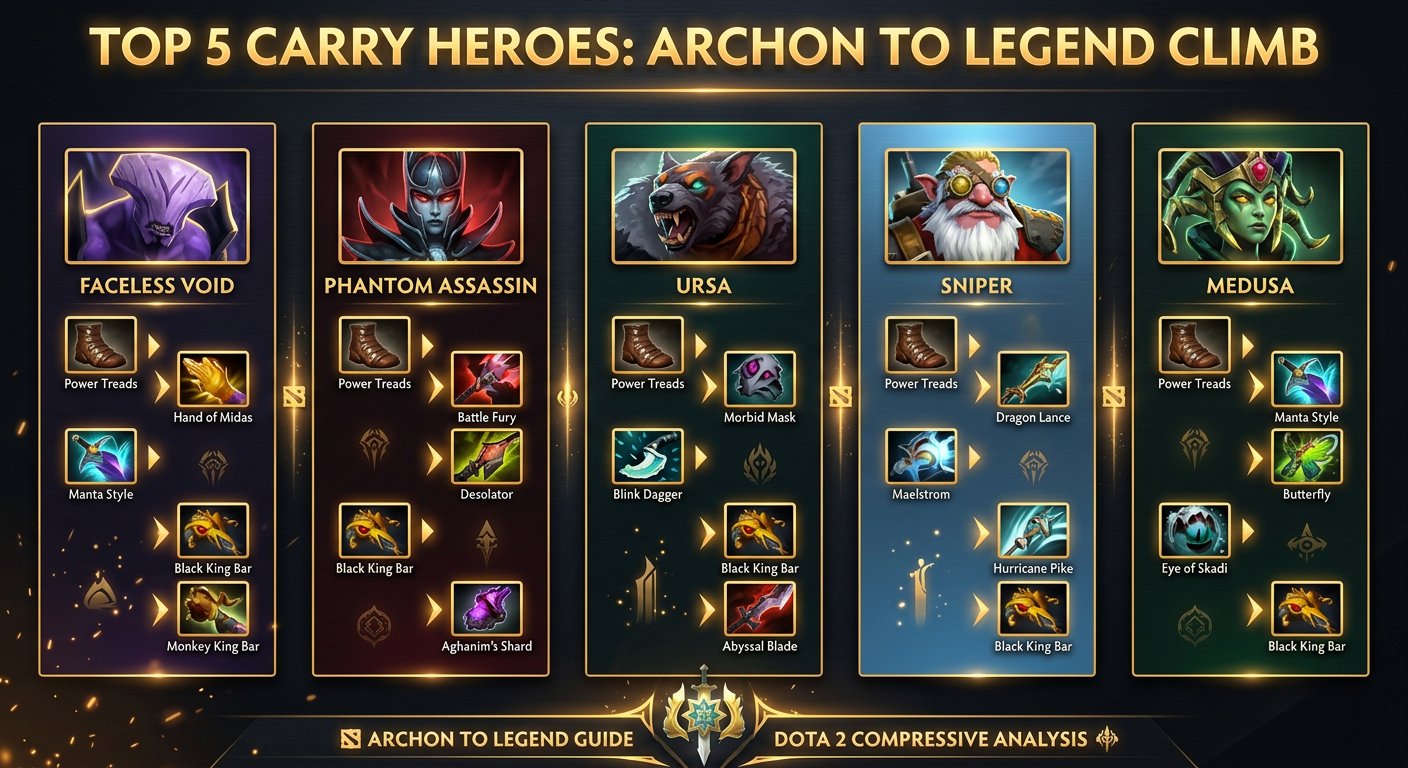 Top 5 carry heroes for Archon to Legend climb with hero portraits and key item builds