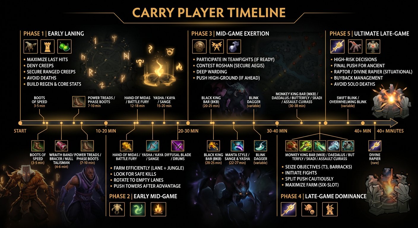 Phase-by-phase timeline for carry players showing key objectives and item timings from 0 to 40+ minutes