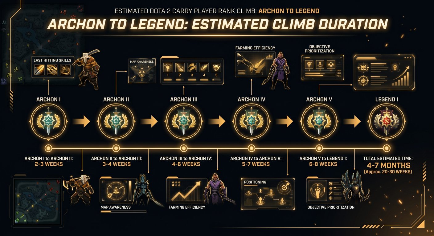 Timeline infographic showing expected climb duration from Archon to Legend for carry players