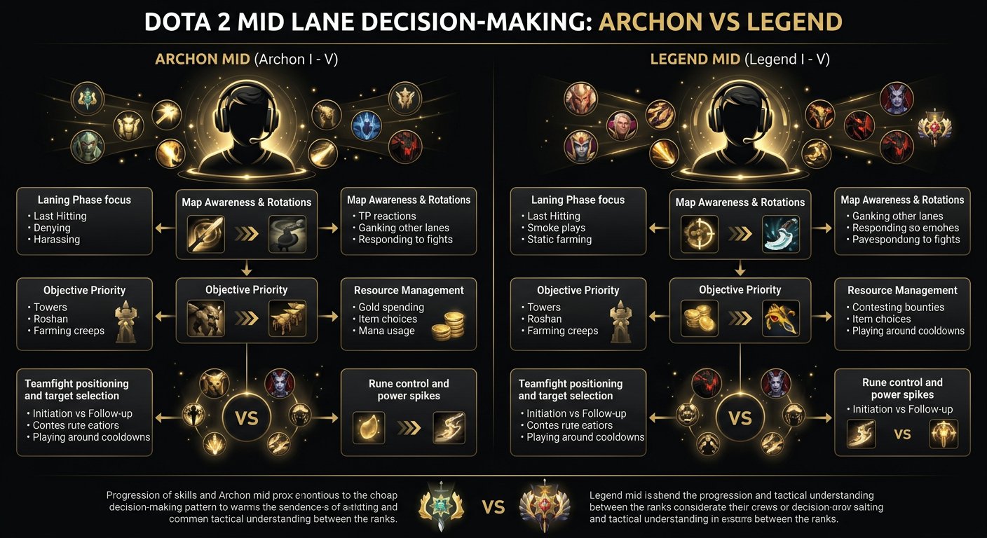 Comparison infographic showing Archon mid vs Legend mid player decision-making patterns