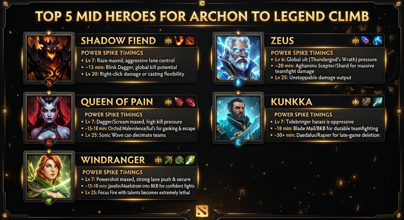 Top 5 mid heroes for Archon to Legend climb with hero portraits and power spike timings
