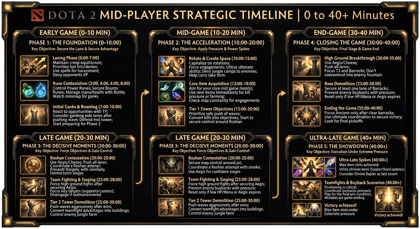 Phase-by-phase timeline for mid players with rotation windows, item timings, and objective priorities from 0 to 40+ minutes