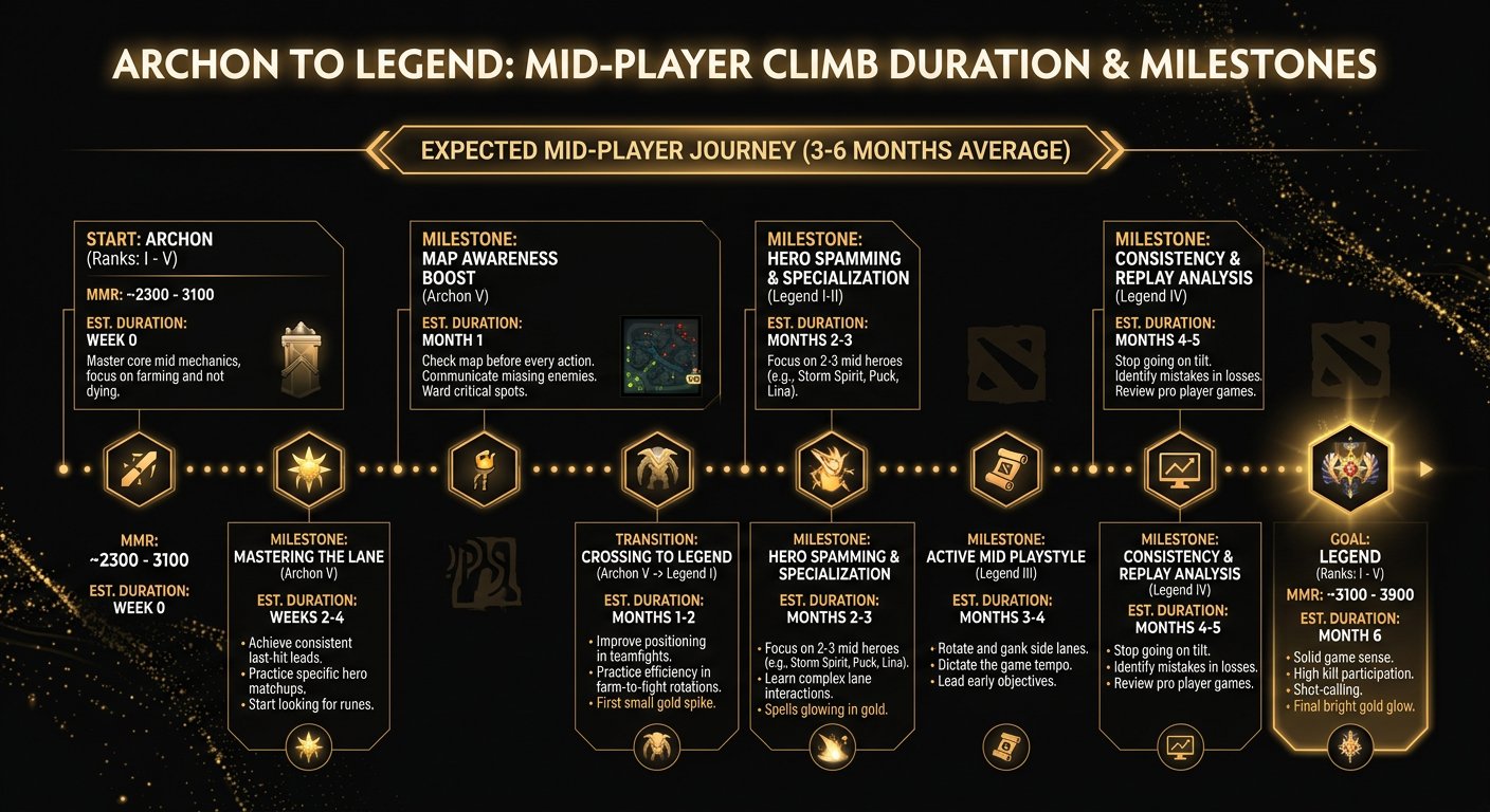 Timeline showing expected Archon to Legend climb duration for mid players with milestones
