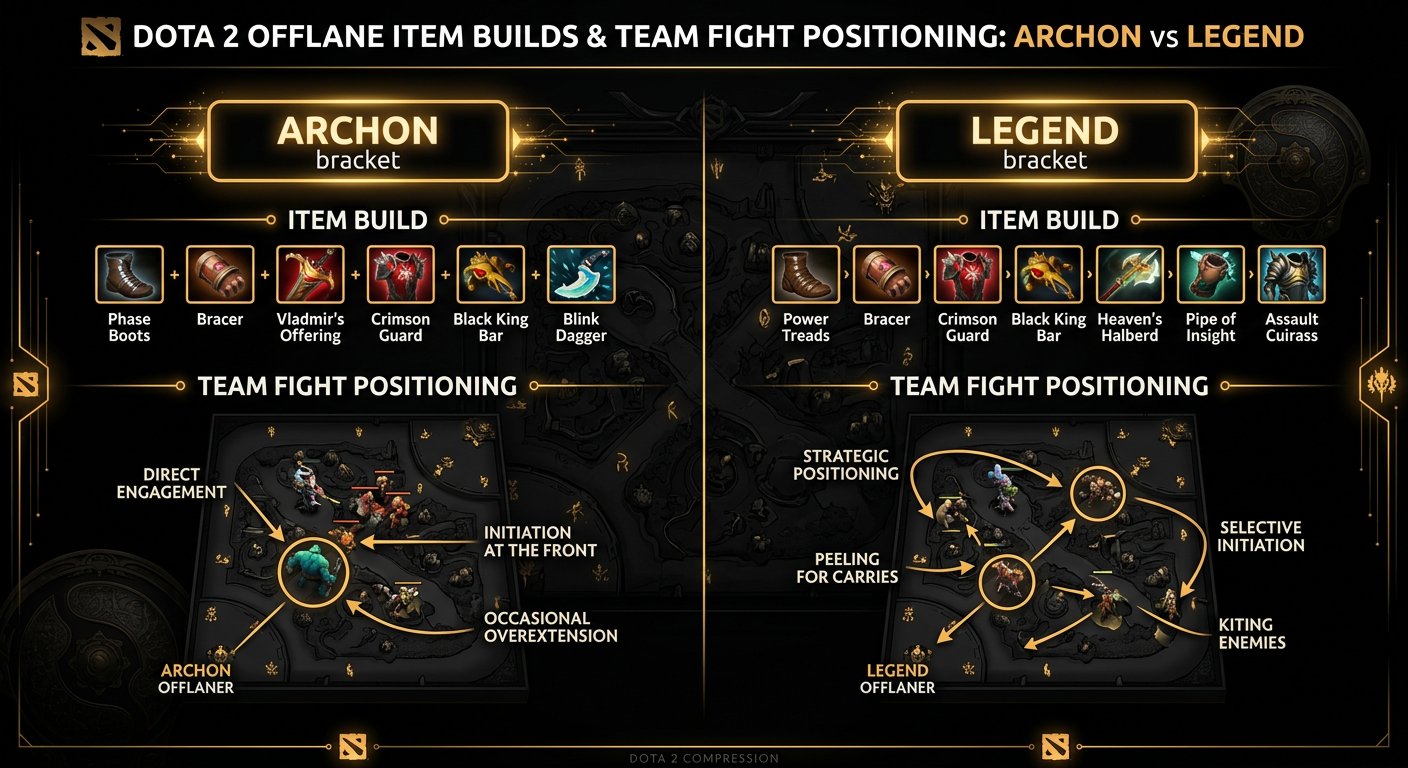 Side-by-side comparison of Archon vs Legend offlane item builds and team fight positioning