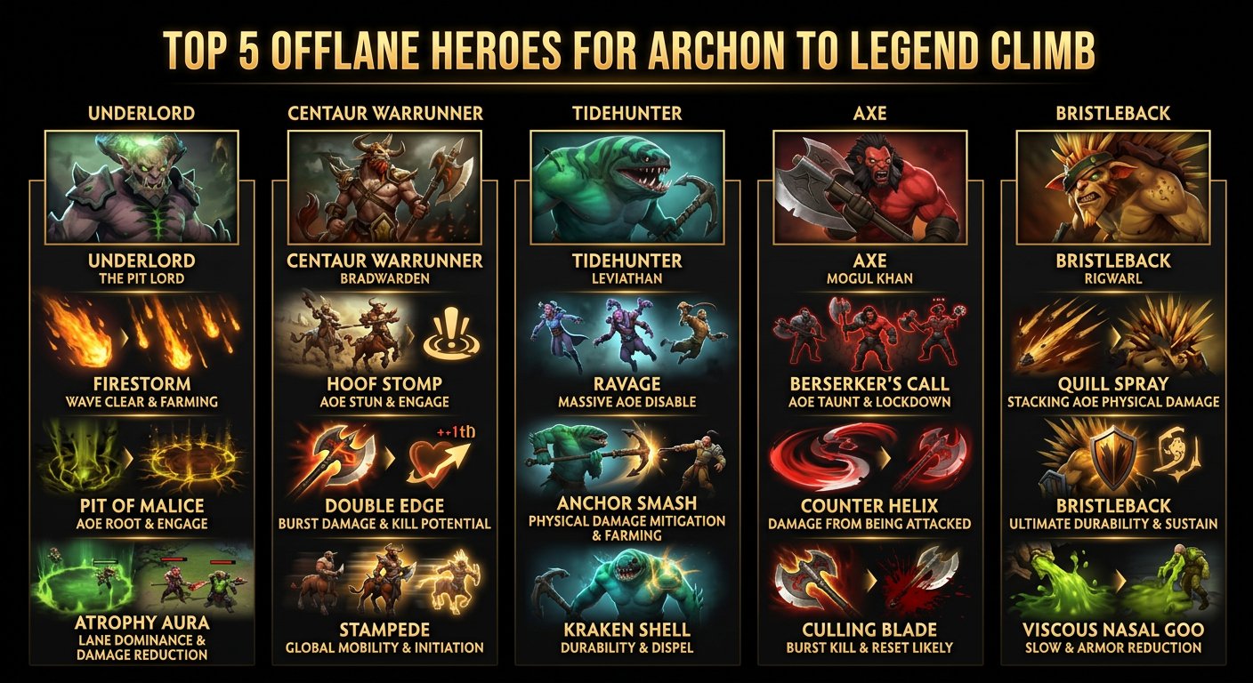 Top 5 offlane heroes for Archon to Legend climb with hero portraits and key ability highlights
