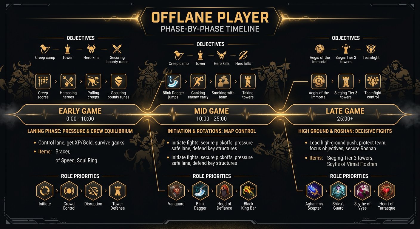 Phase-by-phase timeline for offlane players showing objectives, item timings, and role priorities