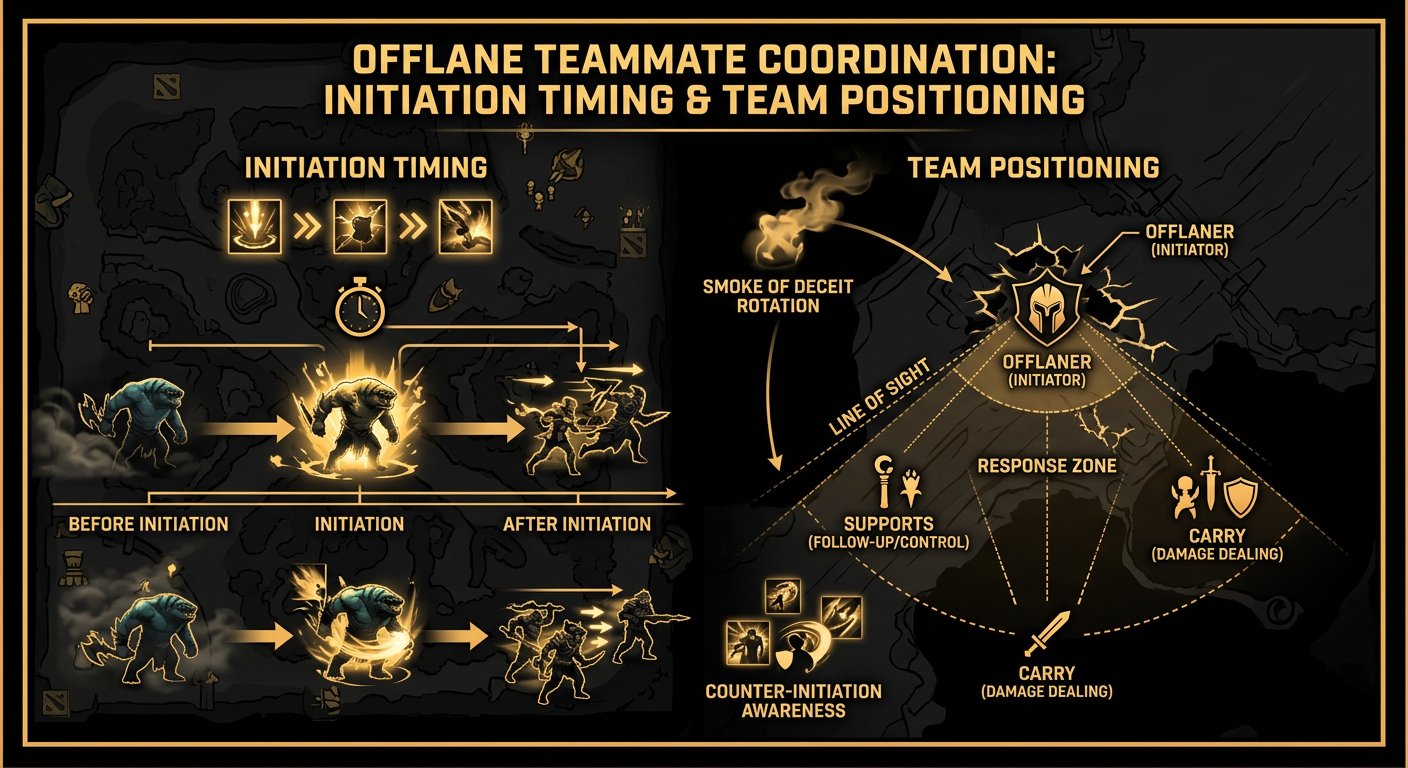 Offlane teammate coordination guide showing initiation timing and team positioning