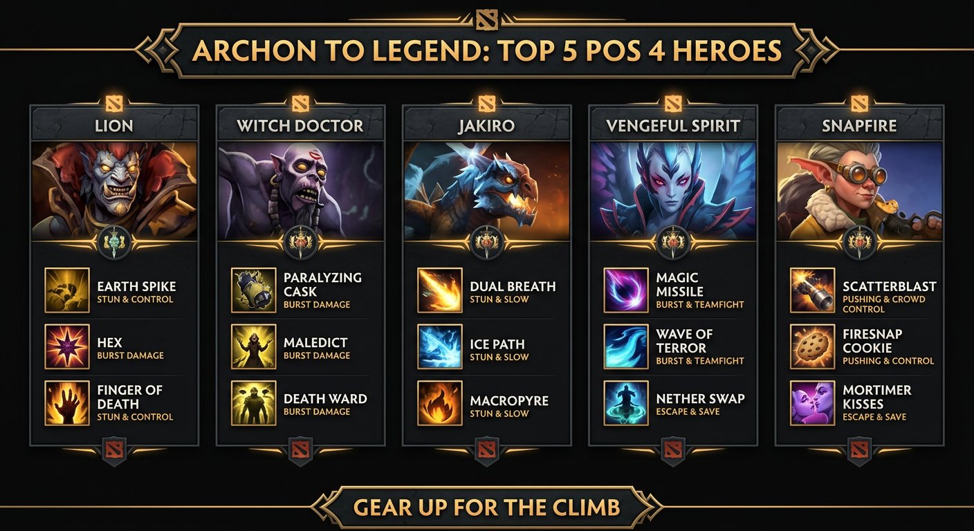 Top 5 pos 4 heroes for Archon to Legend climb with hero portraits and key ability icons