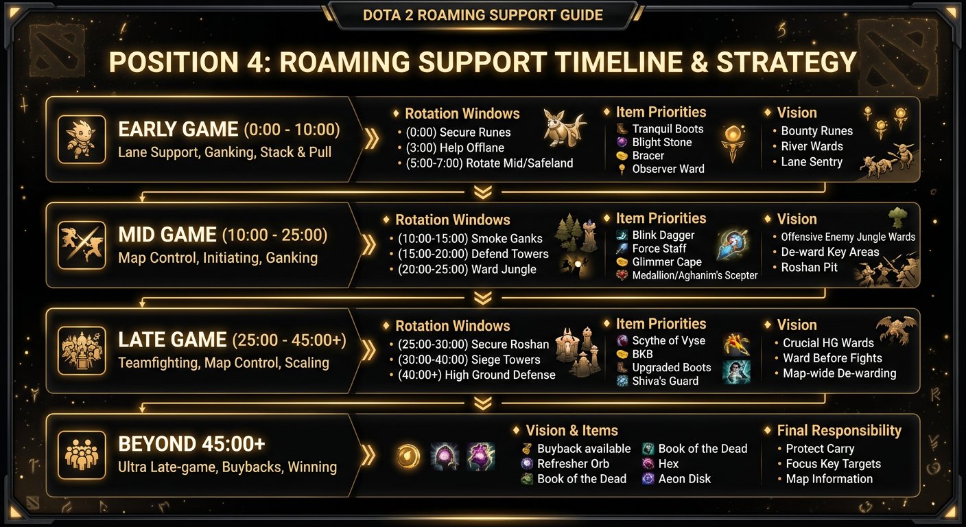 Phase-by-phase timeline for pos 4 players showing rotation windows, item priorities, and vision responsibilities