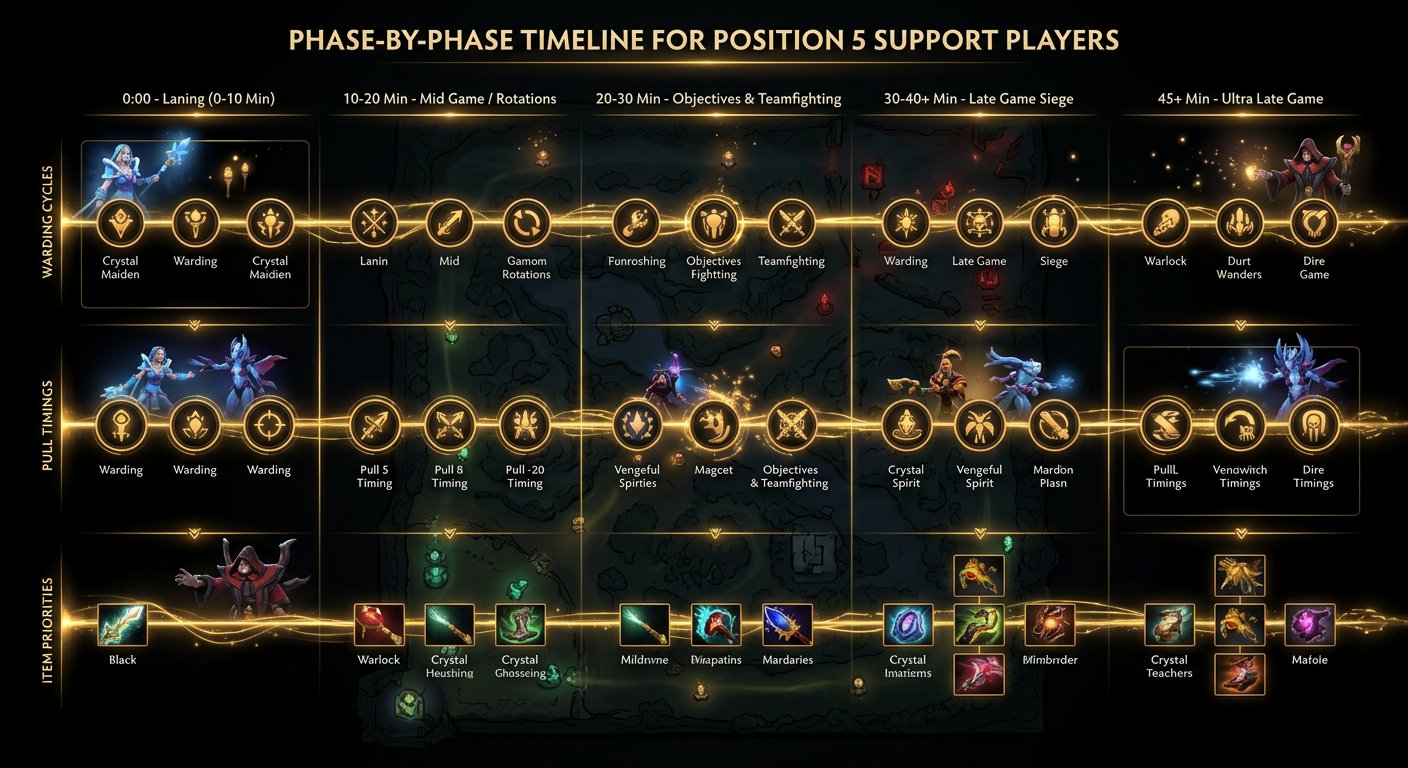 Phase-by-phase timeline for pos 5 players showing warding cycles, pull timings, and item priorities