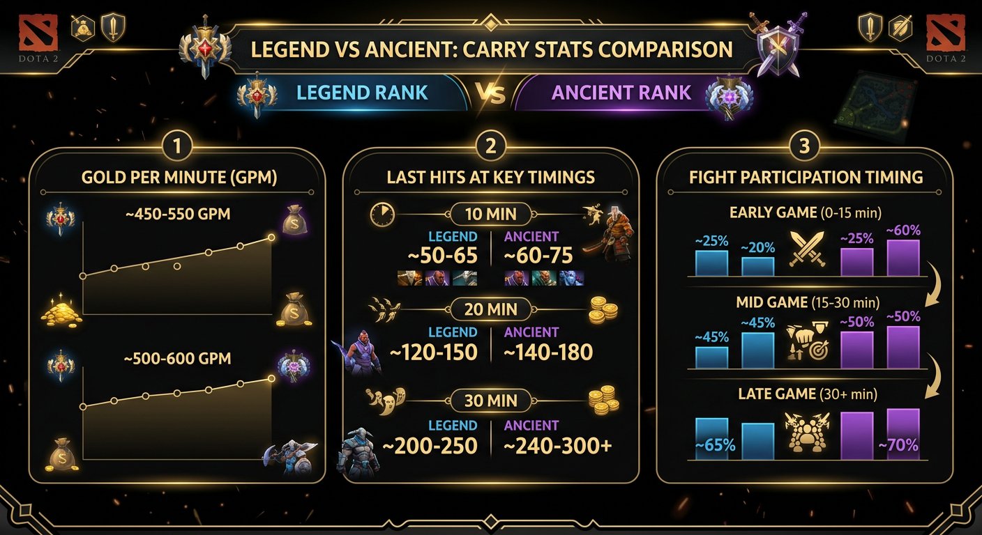 Side-by-side comparison infographic of Legend carry stats vs Ancient carry stats — GPM, last hits at 10/20/30 minutes, fight 