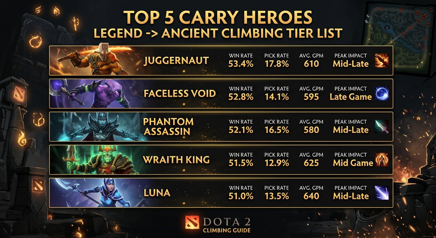 Top 5 carry heroes tier list graphic for Legend to Ancient climbing, showing Juggernaut, Faceless Void, PA, Wraith King, and 