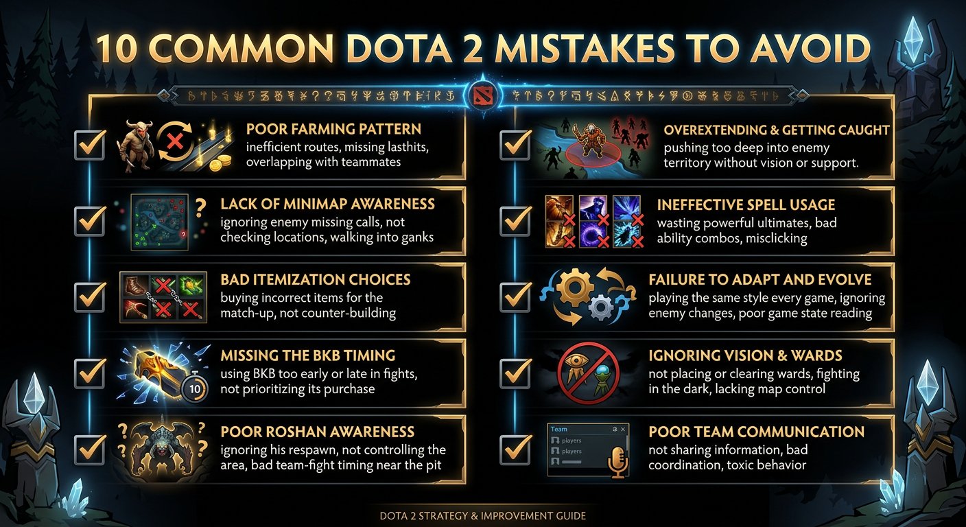 Infographic showing the 10 mistakes as a checklist, with icons for each — farming pattern, minimap awareness, itemization, BK