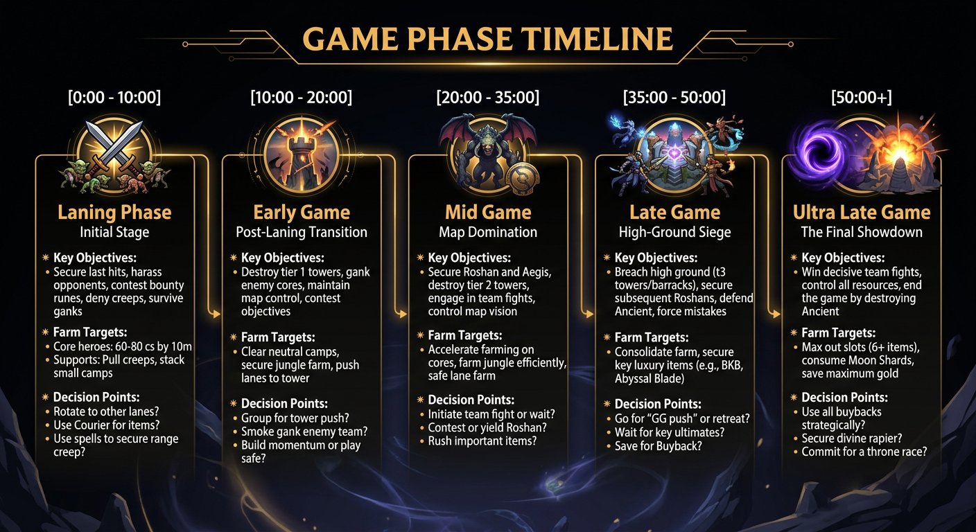 Game phase timeline infographic showing the 5 phases with key objectives, farm targets, and decision points for each