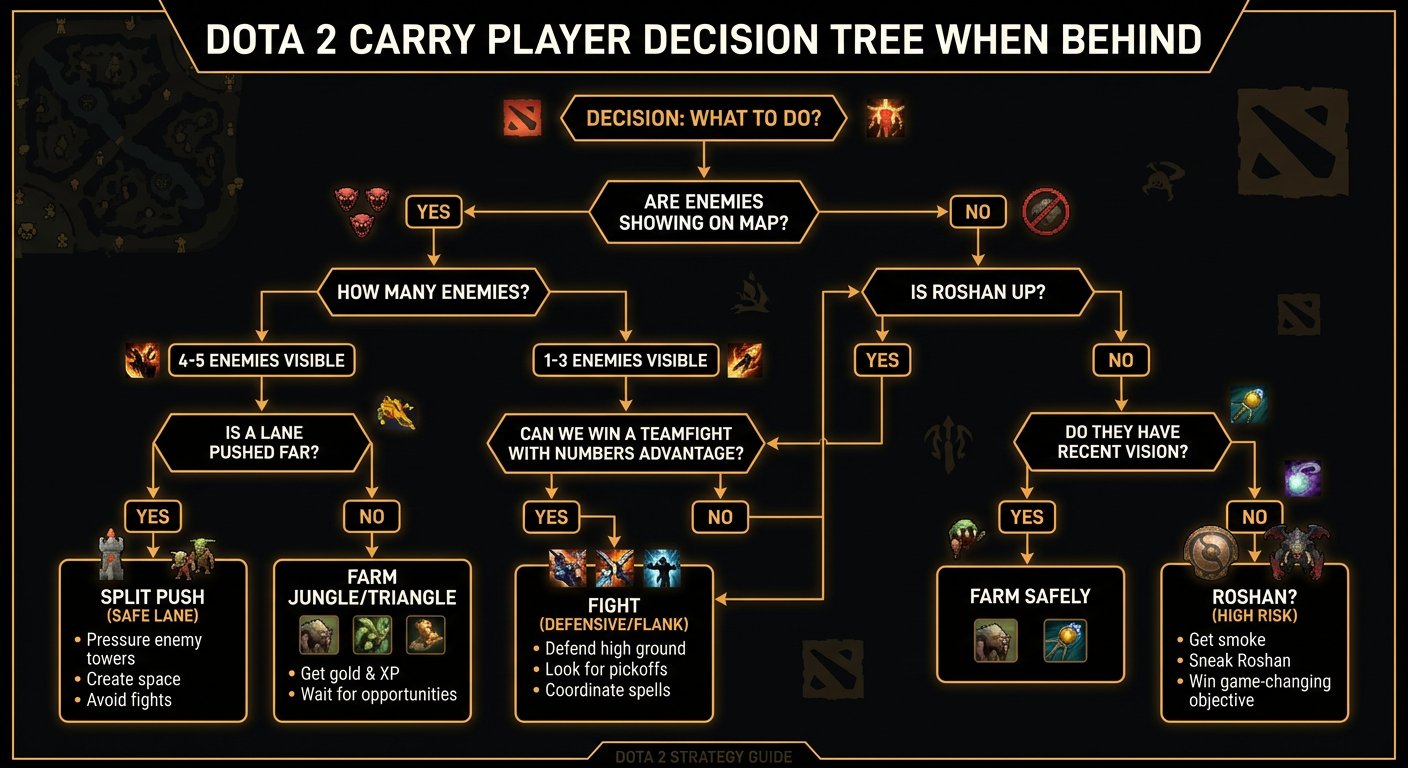 Flowchart showing decision tree for carry players when team is behind — split push vs fight vs farm vs Roshan decision points