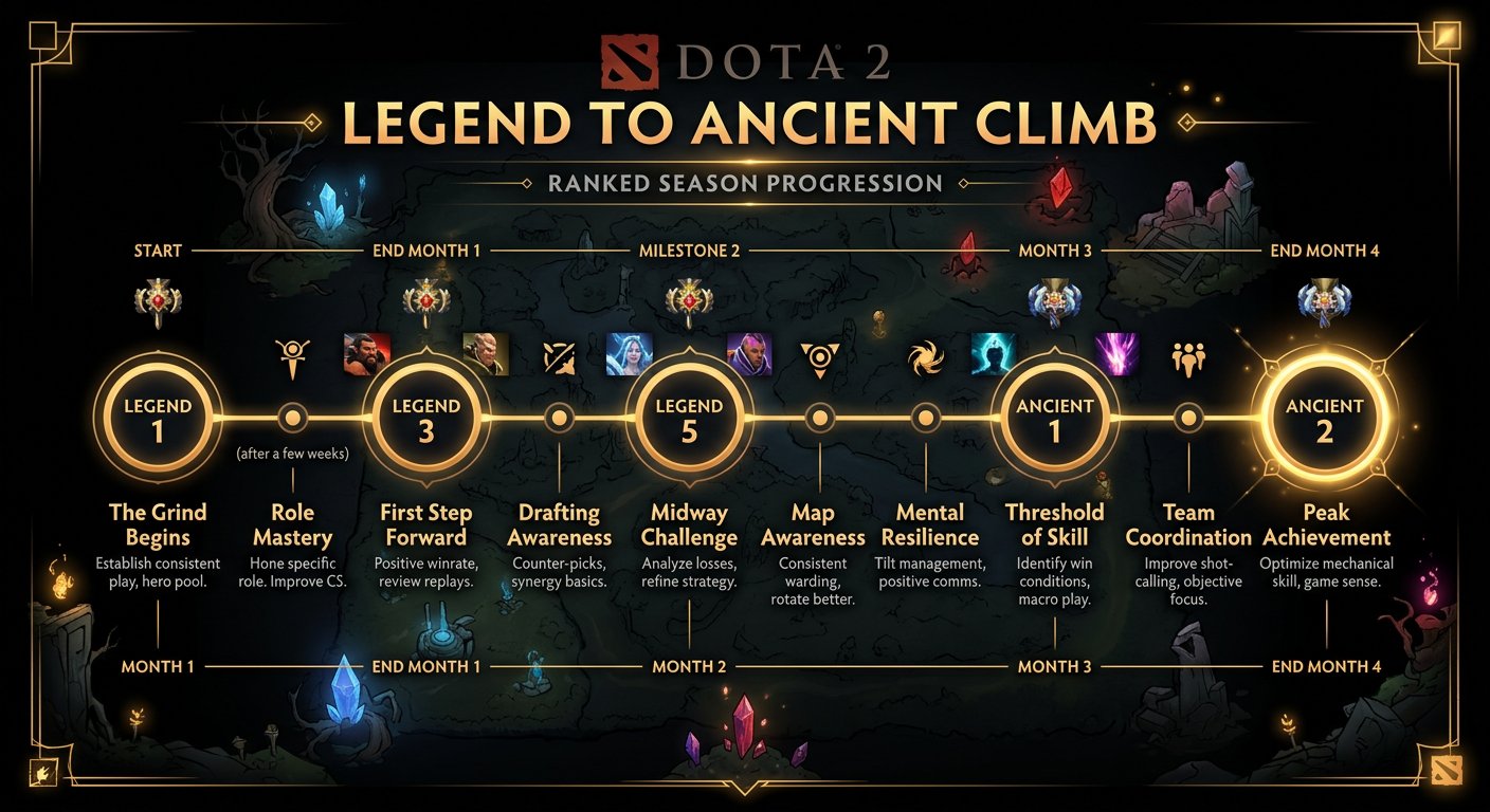 Timeline graphic showing the Legend to Ancient climb over 2-4 months with milestones and checkpoints