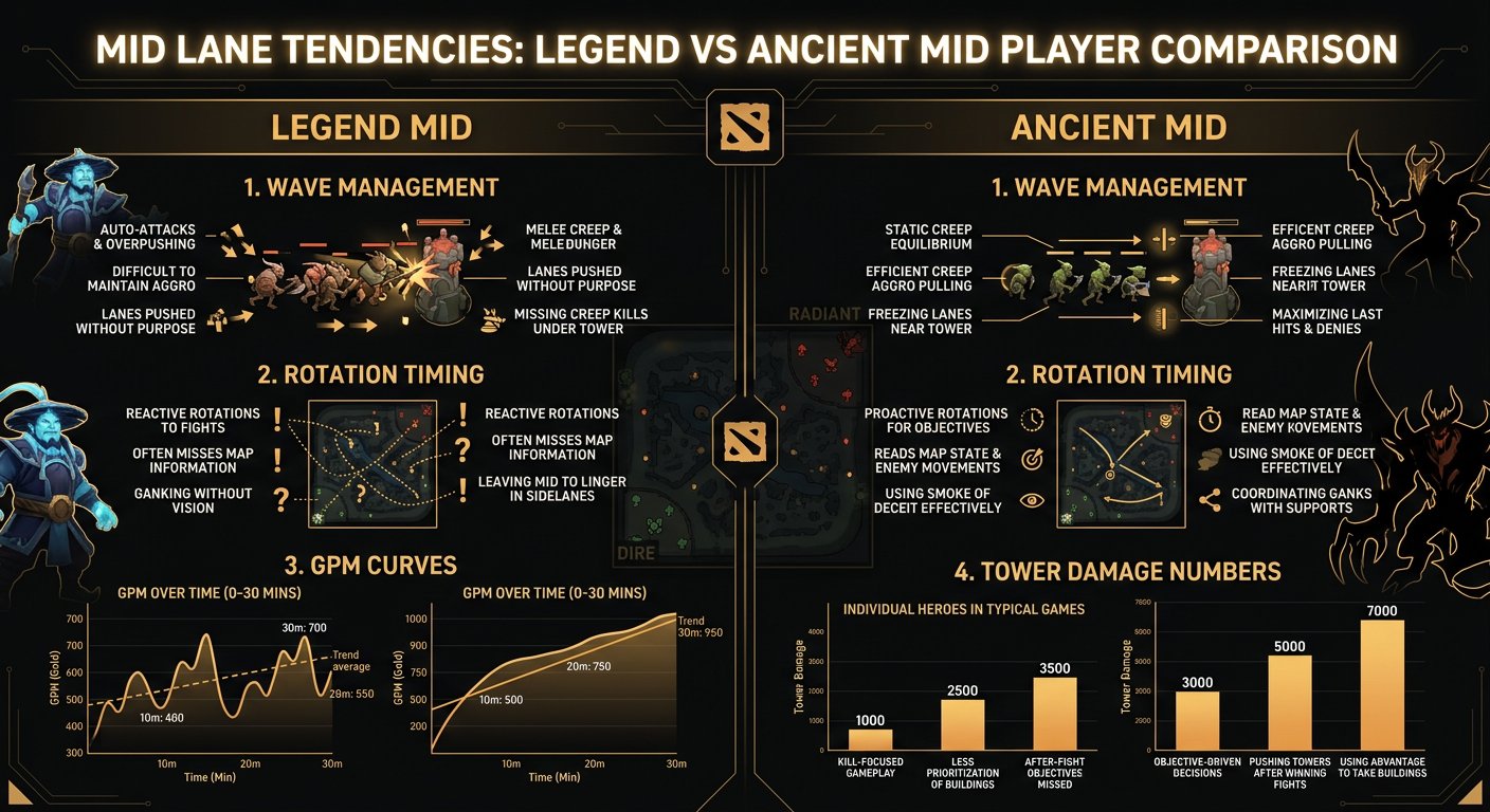 Comparison infographic showing Legend mid vs Ancient mid player tendencies — wave management, rotation timing, GPM curves, an
