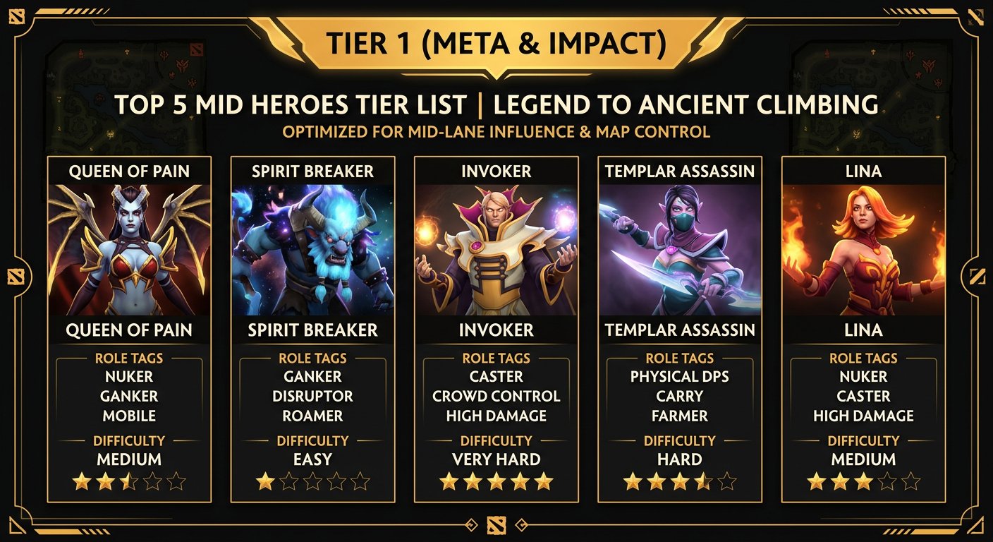 Top 5 mid heroes tier list for Legend to Ancient climbing, showing QoP, Spirit Breaker, Invoker, TA, and Lina with role tags 