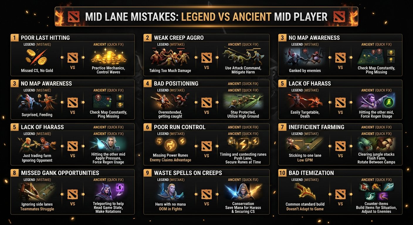 Infographic of the 10 mid lane mistakes with quick fix tips, formatted as a 