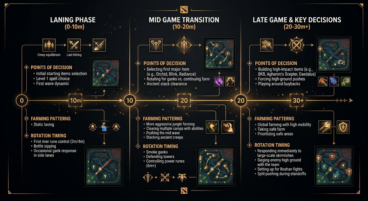 Phase-by-phase timeline for mid players showing key decision points, farming patterns, and rotation timing from minute 0 to 3