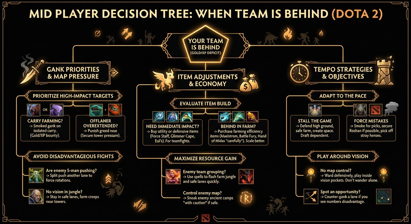 Decision tree for mid players when team is behind — gank priorities, item adjustments, and tempo strategies