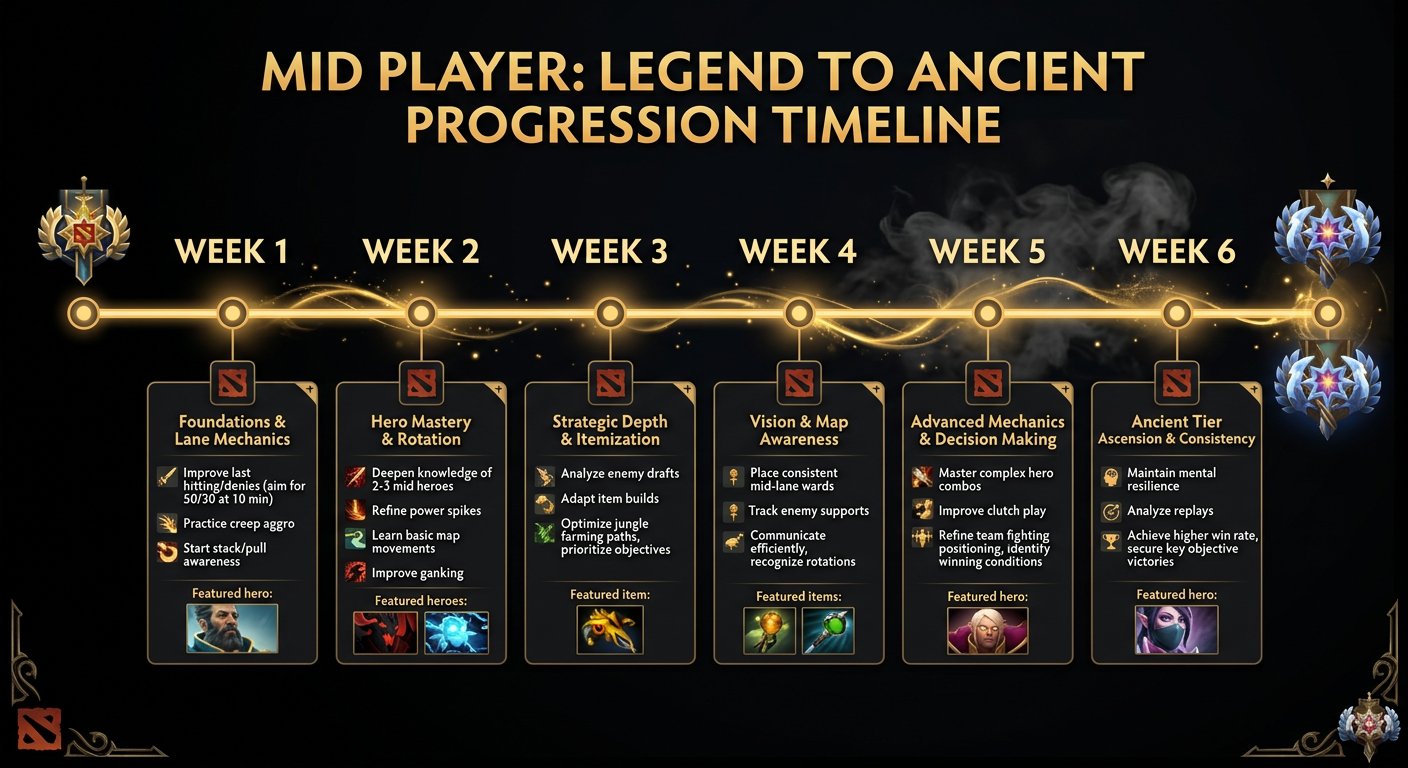 Timeline graphic showing realistic Legend to Ancient progression milestones for mid players — week by week improvement marker