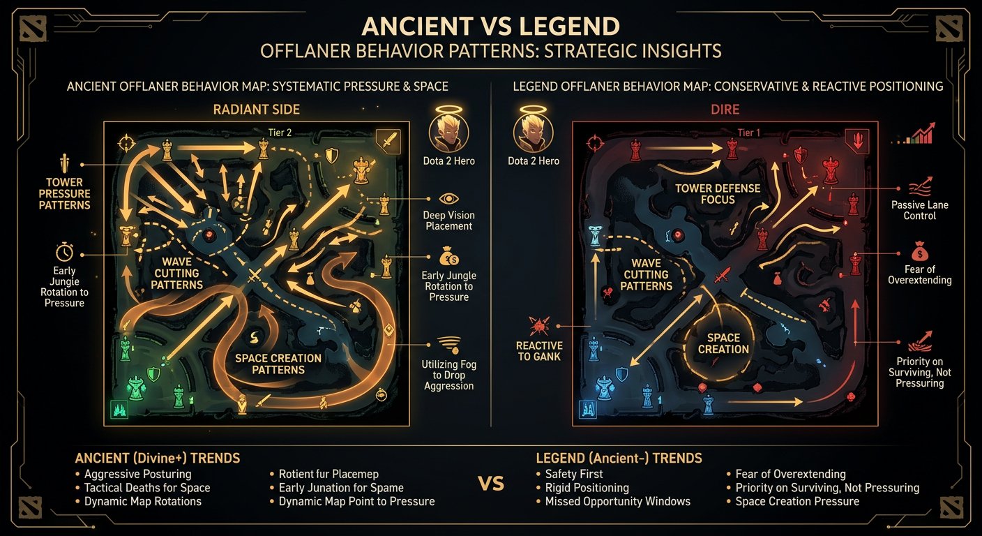 Ancient offlaner behavior map showing tower pressure, wave cutting, and space creation patterns vs Legend offlaner positionin