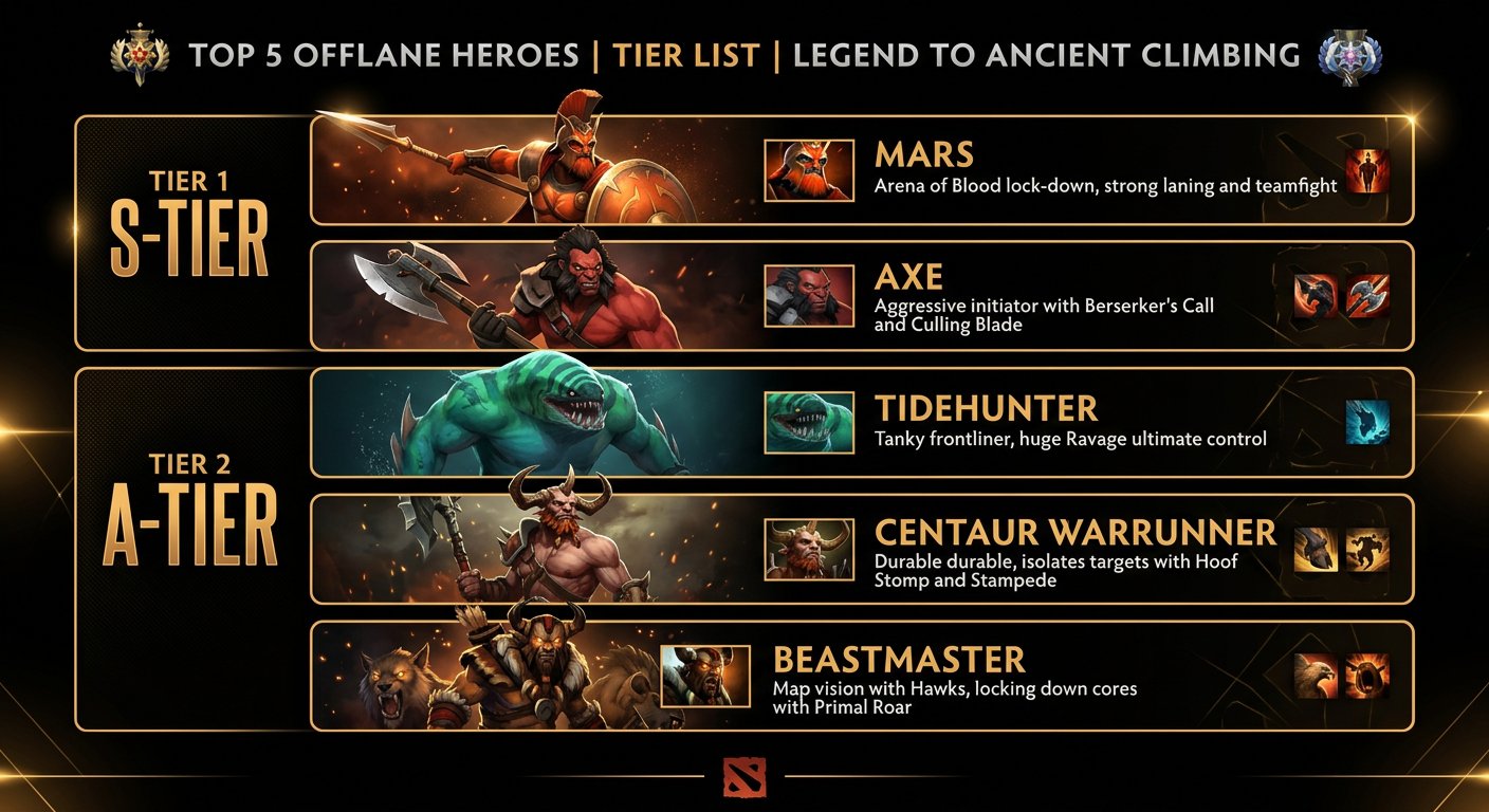 Top 5 offlane heroes tier list for Legend to Ancient climbing, showing Axe, Mars, Tidehunter, Centaur, and Beastmaster with r
