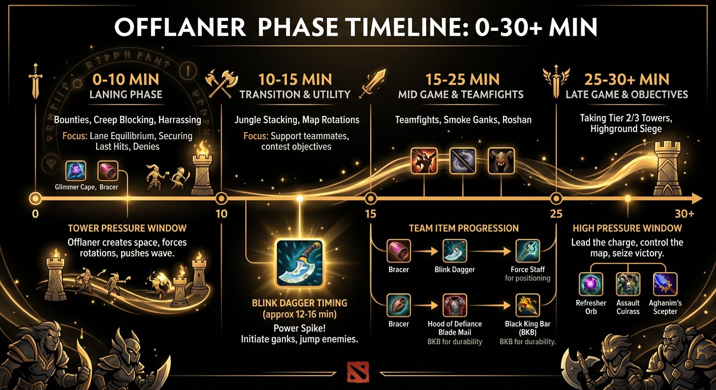 Phase timeline for offlaners showing tower pressure windows, Blink Dagger timing, and team item progression from 0-30+ minute