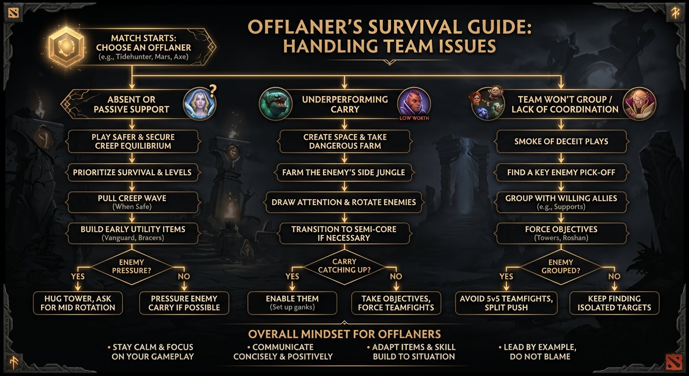 Flowchart for offlaners dealing with various teammate issues — absent support, underperforming carry, team won't group