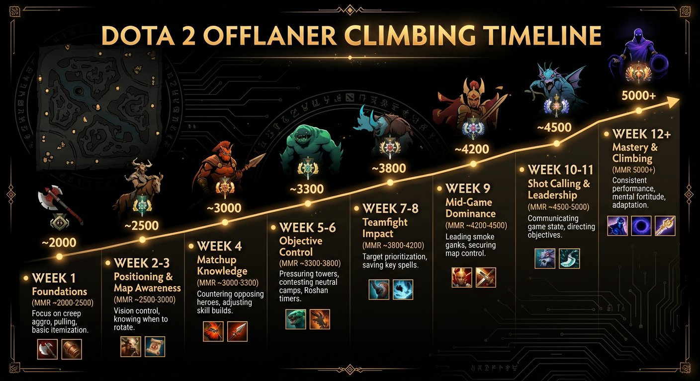 Climbing timeline for offlaners showing realistic week-by-week progression with MMR milestones