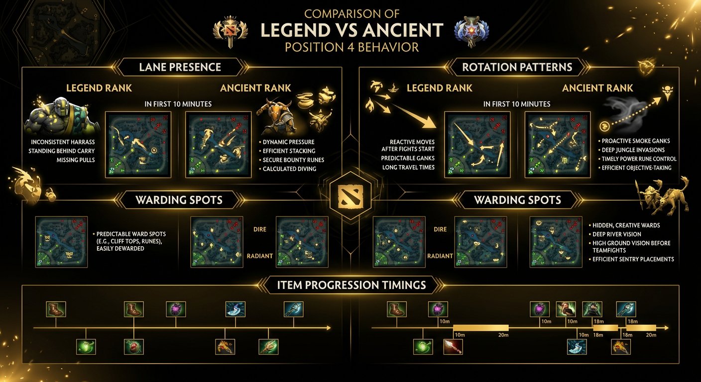 Comparison of Legend vs Ancient Pos 4 behavior — lane presence, rotation patterns, warding spots, and item progression timing