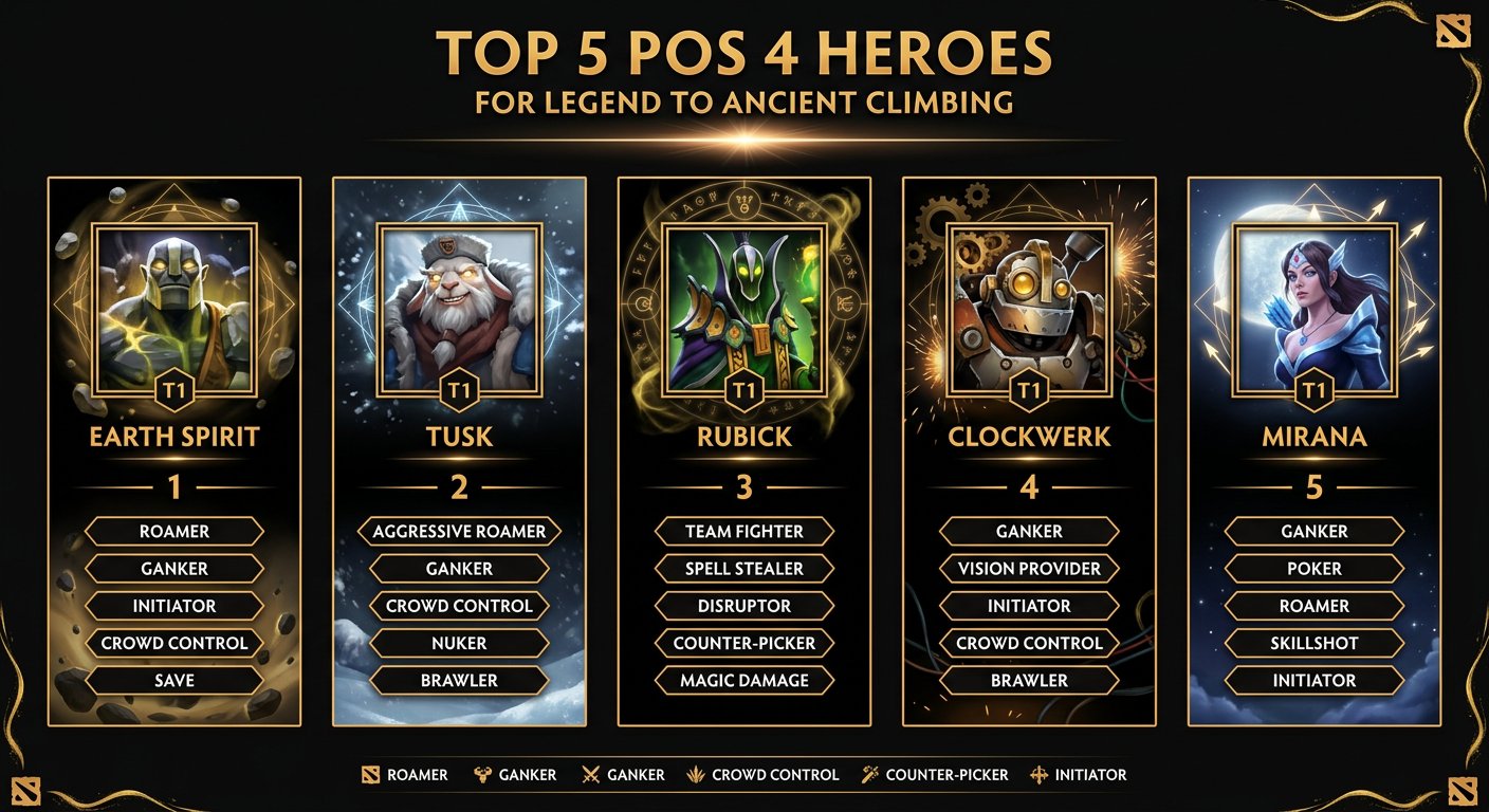 Top 5 Pos 4 heroes tier list for Legend to Ancient climbing, showing Earth Spirit, Tusk, Rubick, Clockwerk, and Mirana with p