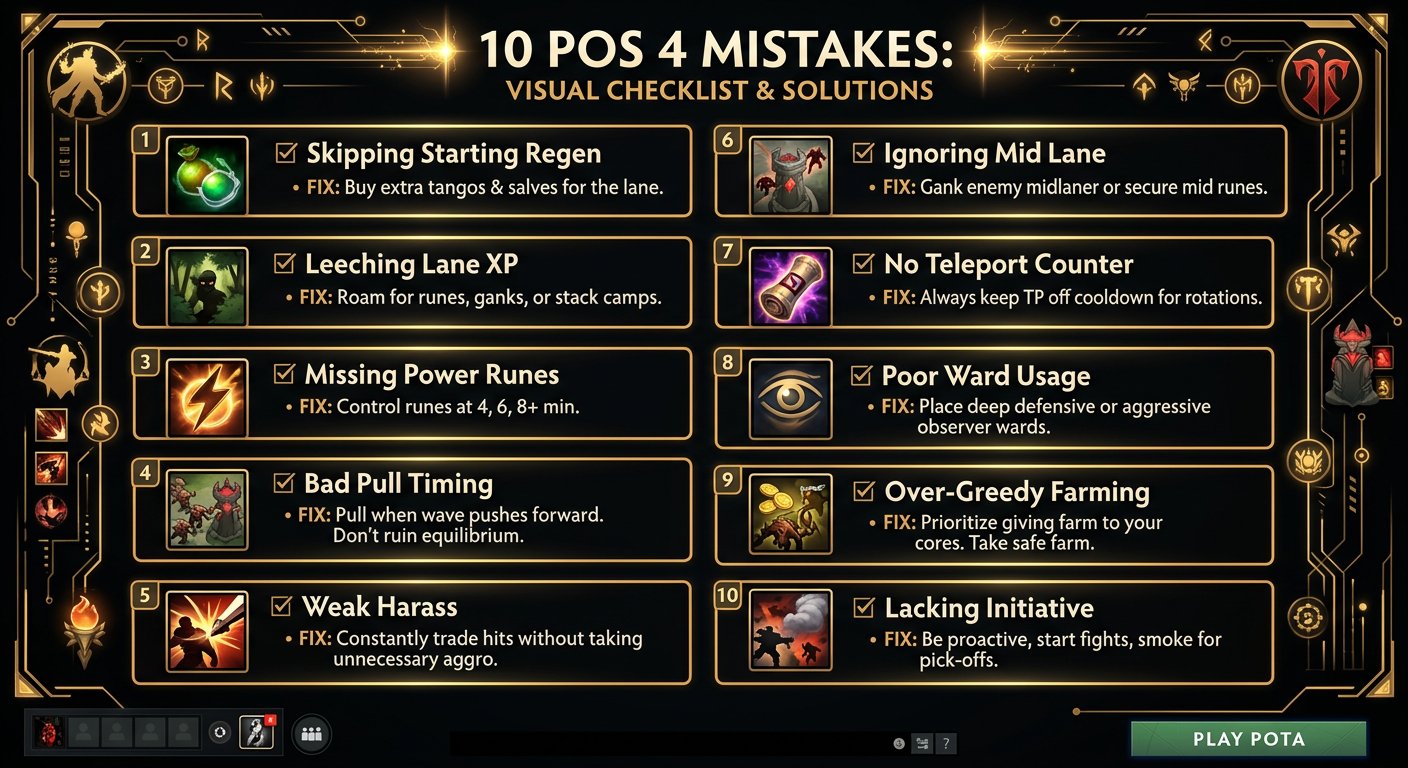 The 10 Pos 4 mistakes as a visual checklist with quick-fix solutions and icons for each
