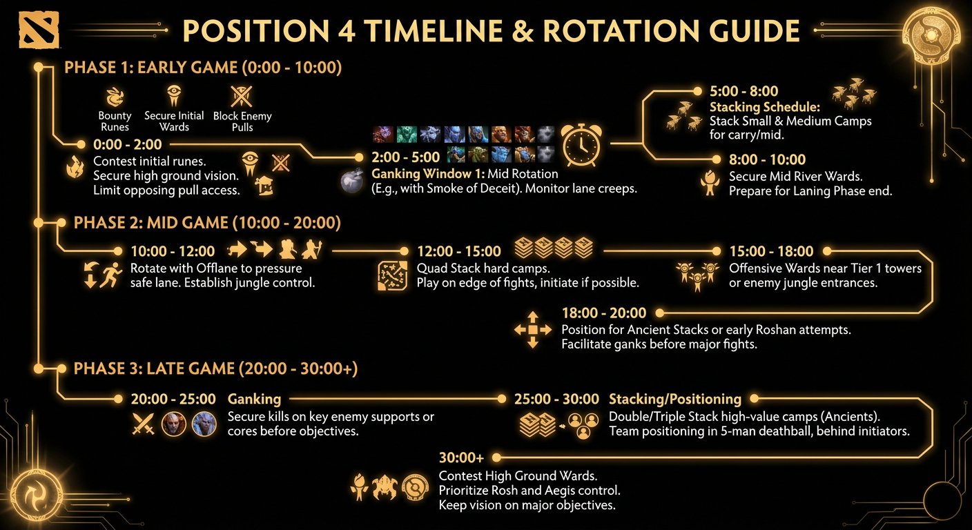 Phase-by-phase timeline for Pos 4 showing ganking windows, stacking schedules, warding rotations, and team positioning from 0