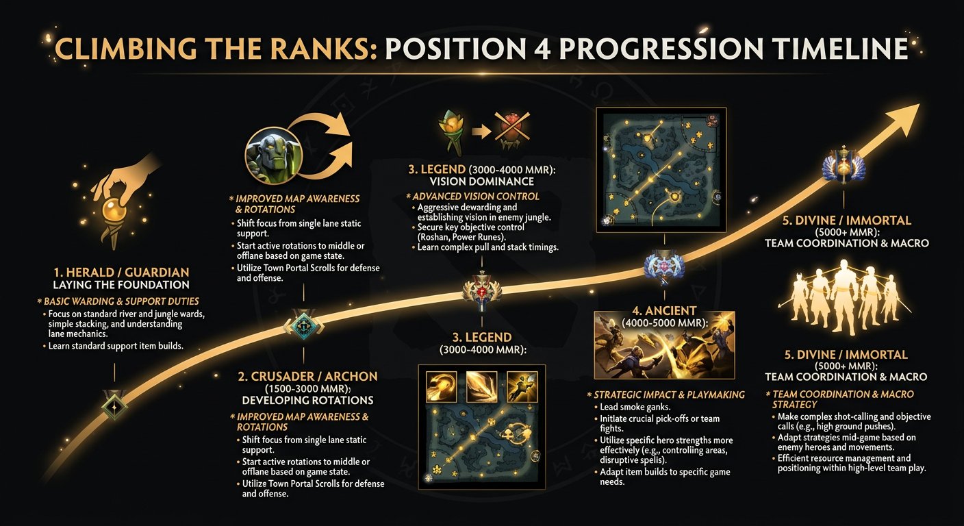 Climbing timeline for Pos 4 showing realistic progression with milestones for ward game, rotation impact, and team coordinati