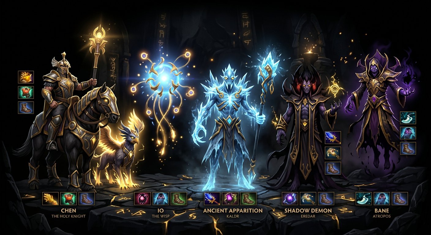 Dota 2 pos 5 support hero lineup showing Chen, Io, Ancient Apparition, Shadow Demon, and Bane with their key items