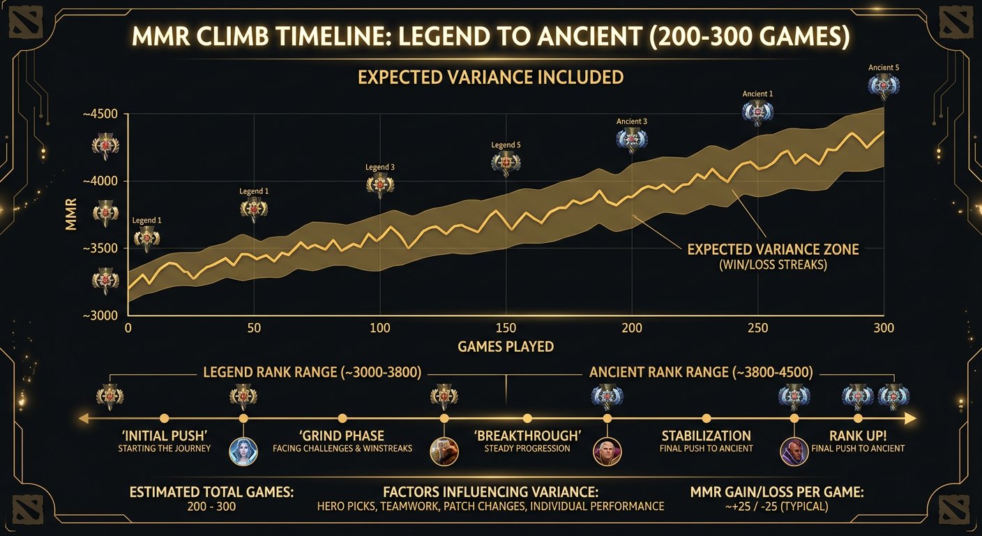 Graph or infographic showing the MMR climb timeline from Legend to Ancient over 200-300 games with expected variance