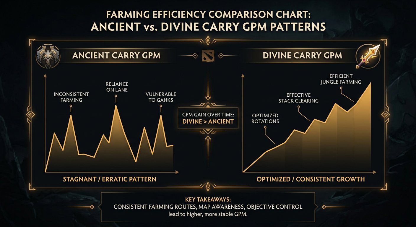 Farming efficiency comparison chart showing Ancient vs Divine carry GPM patterns