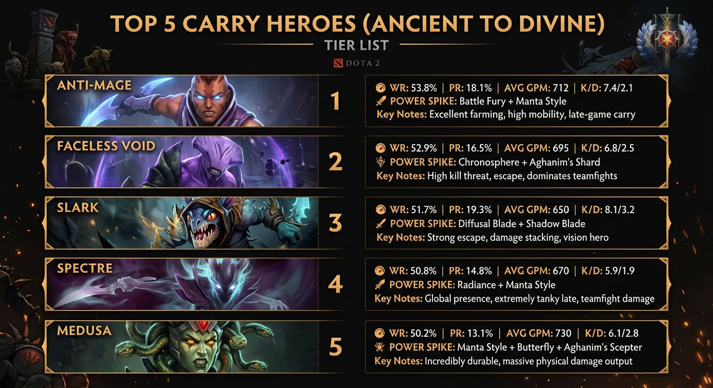 Top 5 carry heroes tier list with portraits and key stats for Ancient to Divine climbing