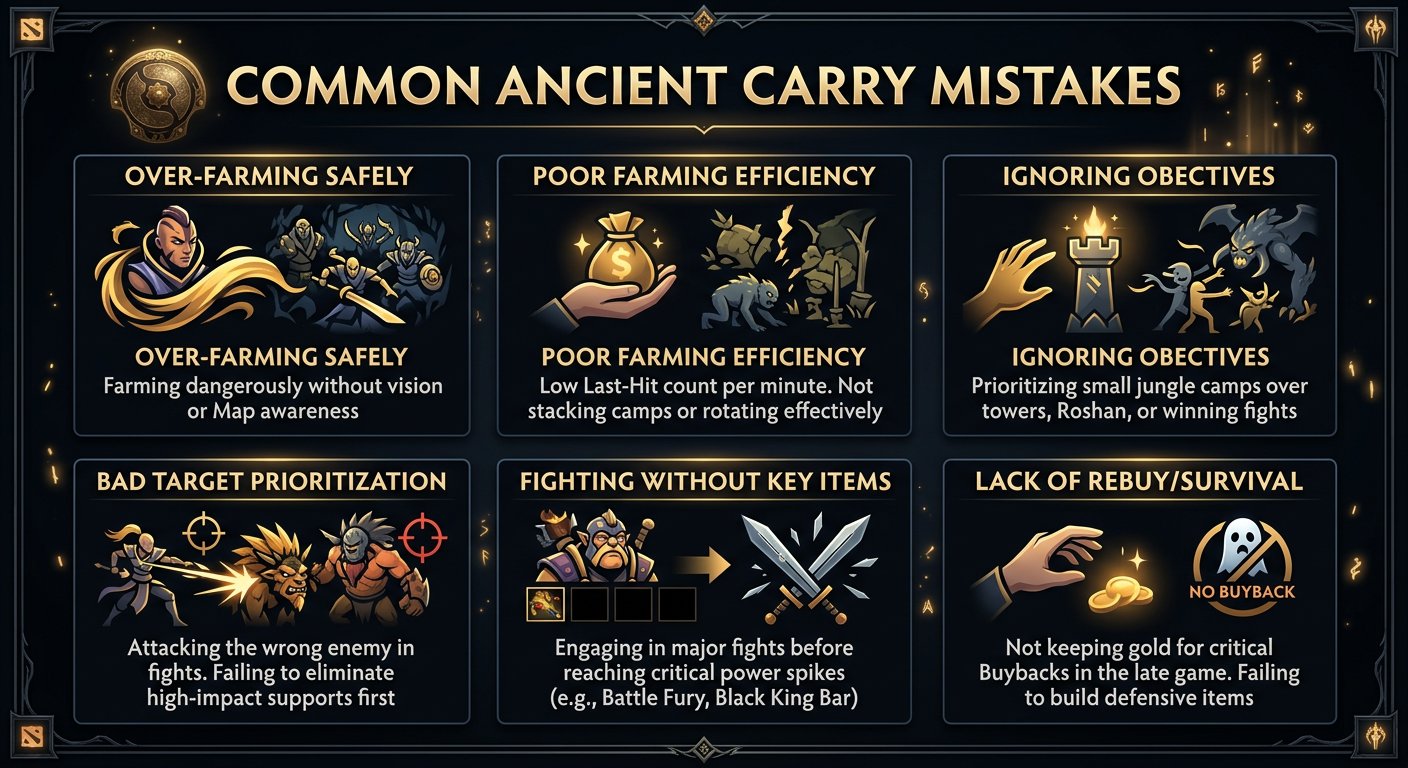 Common Ancient carry mistakes infographic with icons for each mistake