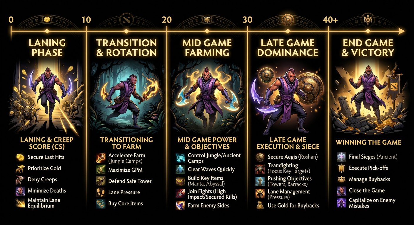 Game phase timeline showing carry objectives and priorities from 0-40 minutes