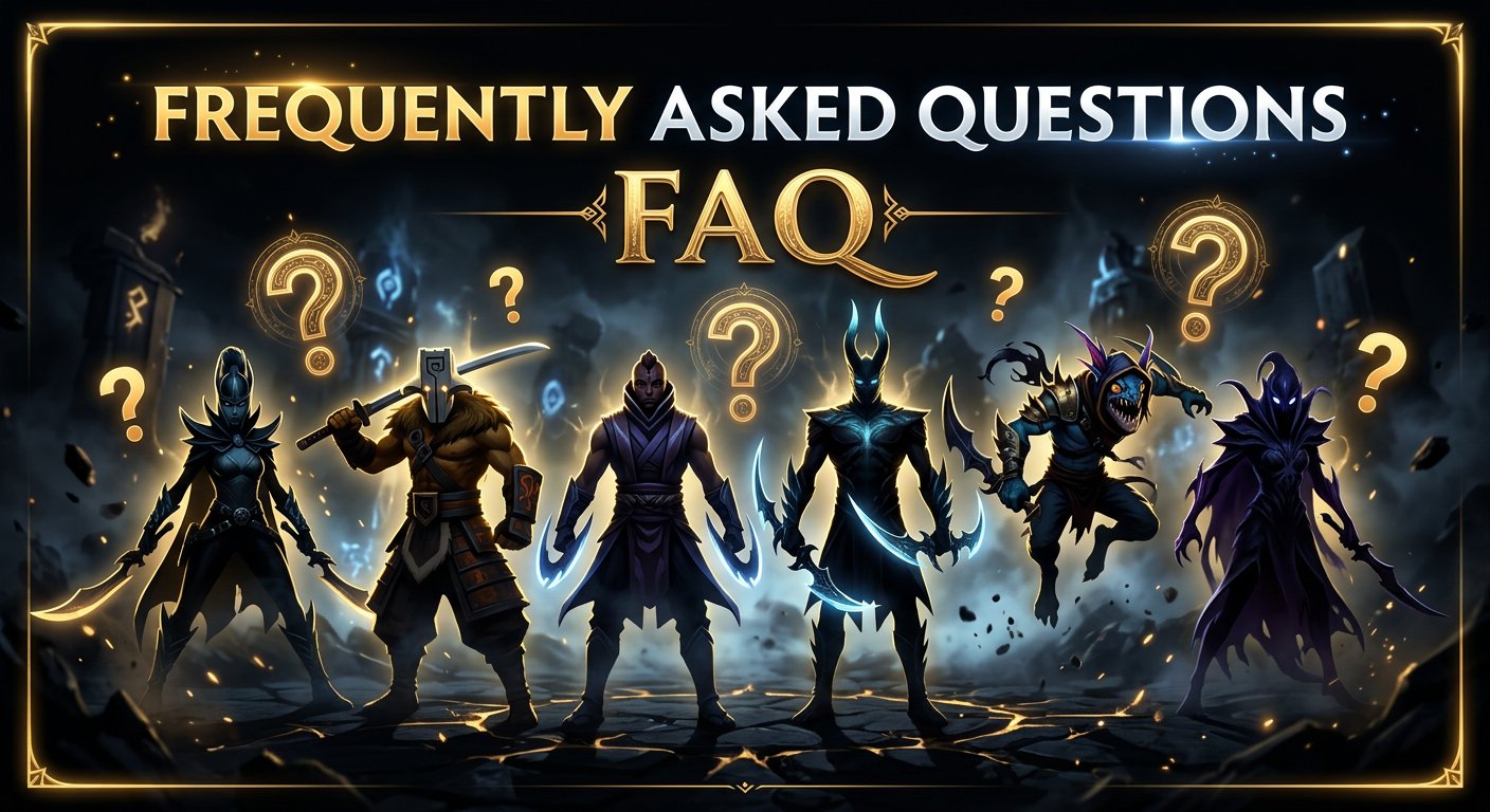FAQ section header with carry hero silhouettes and question mark icons