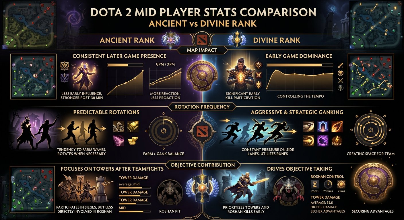 Comparison infographic showing Ancient vs Divine mid player stats: map impact, rotation frequency, and objective contribution