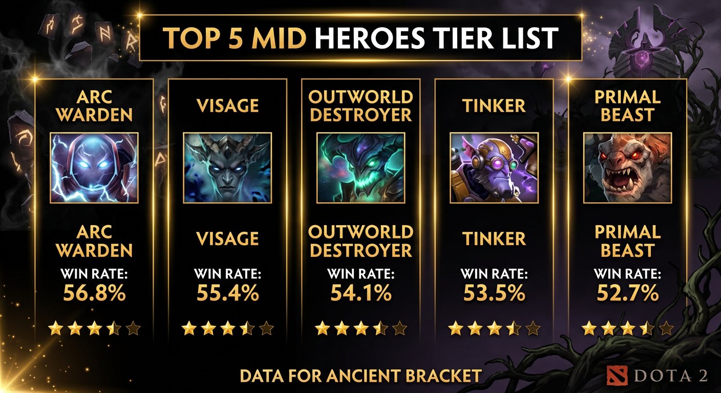Top 5 mid heroes tier list with portraits and win rate data for Ancient bracket