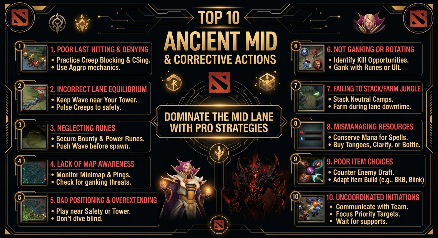 Top 10 Ancient mid mistakes infographic with corrective actions