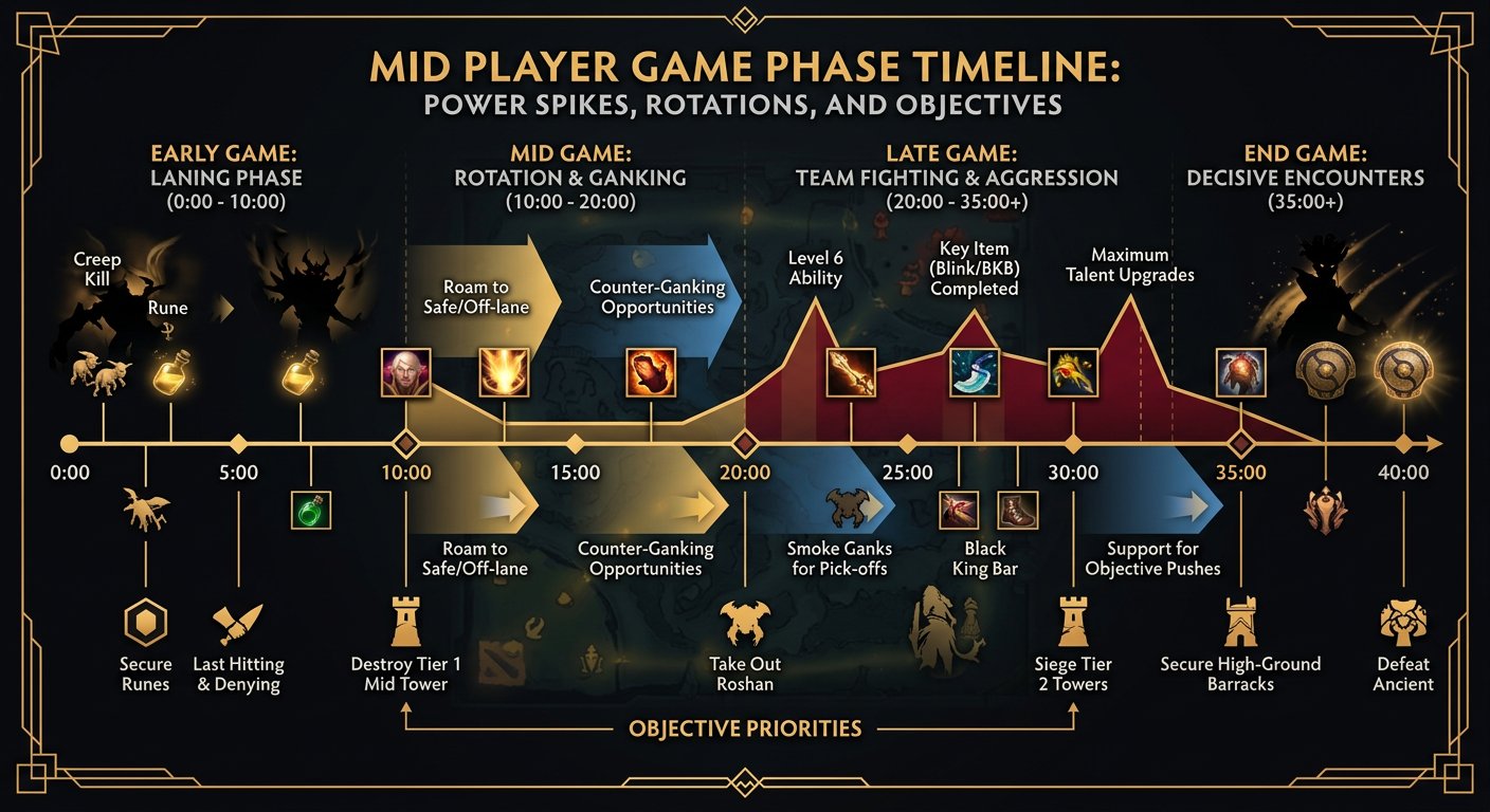 Mid player game phase timeline showing power spikes, rotation windows, and objective priorities