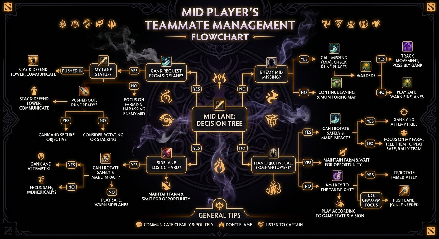 Teammate management flowchart for mid players showing decision trees for common scenarios