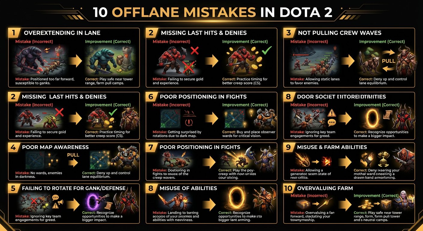 10 offlane mistakes infographic with visual examples of correct vs incorrect play